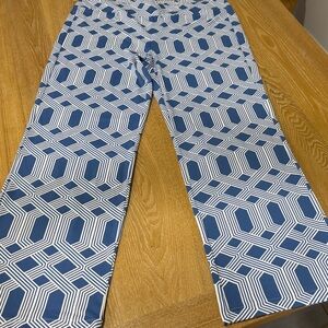 J. McLaughlin Blue and White Geometric Wide Leg Jeans